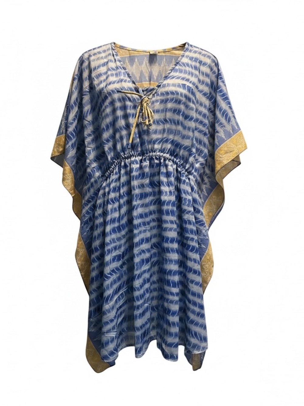 Blue & Gold Tie-Dye Kaftan Dress 100% Silk XL